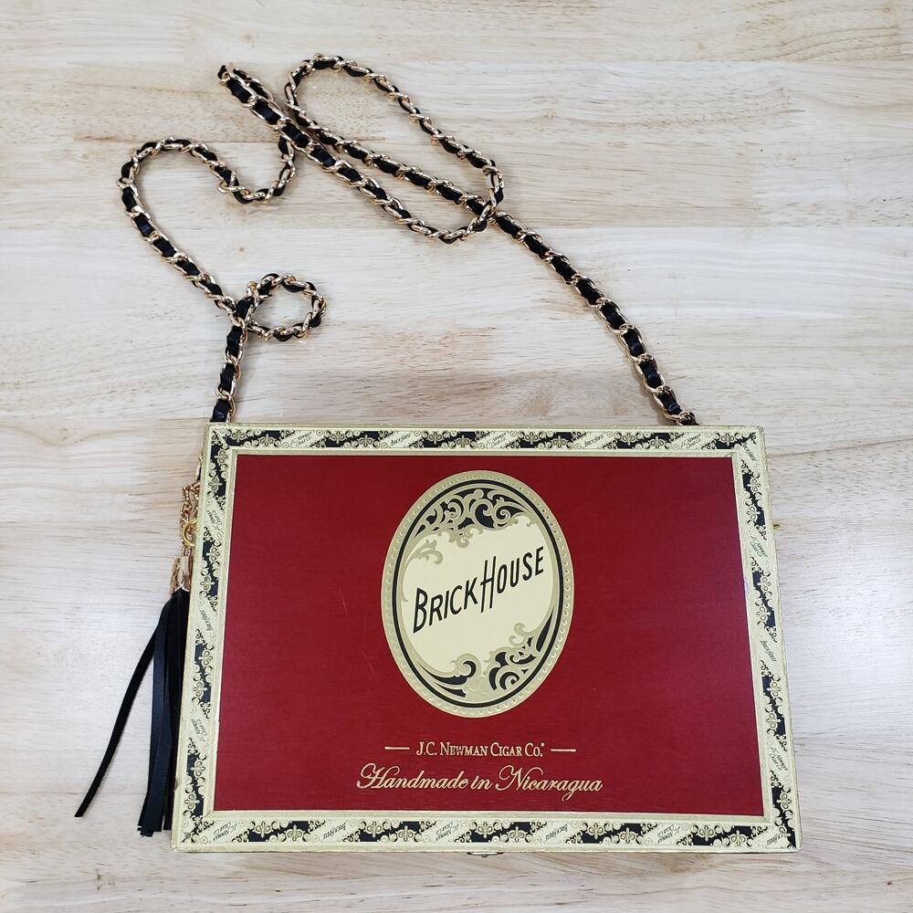 Brick House Cigar Box Purse Handbag Crossbody Chain Strap Handmade Red Gold